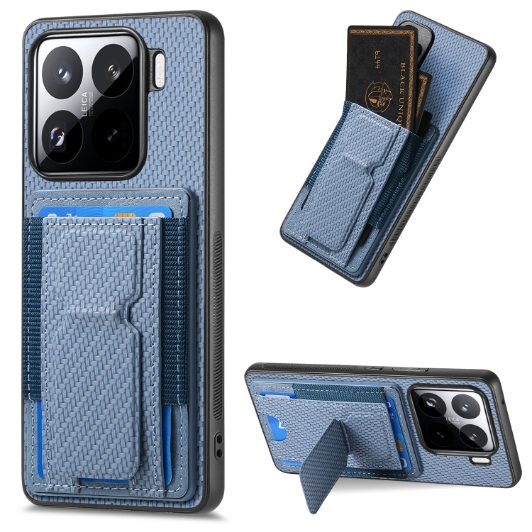 

For Xiaomi 15 Carbon Fiber Fold Stand Elastic Card Bag Phone Case(Blue)