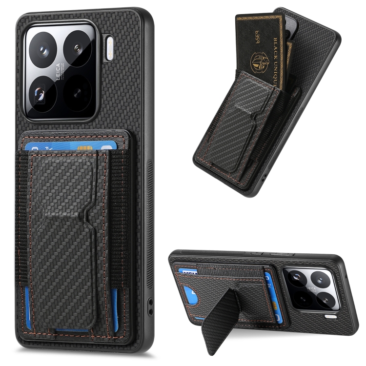 

For Xiaomi 15 Pro Carbon Fiber Fold Stand Elastic Card Bag Phone Case(Black)