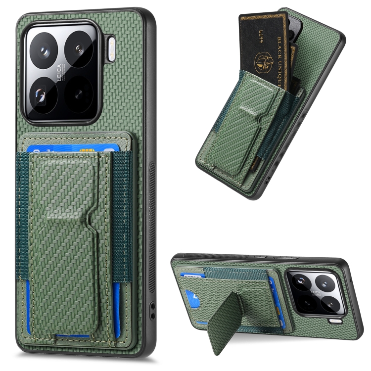 

For Xiaomi 15 Pro Carbon Fiber Fold Stand Elastic Card Bag Phone Case(Green)