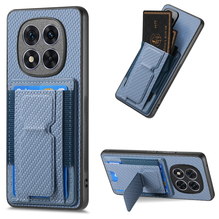 

For Xiaomi Redmi Note 14 Pro 5G Carbon Fiber Fold Stand Elastic Card Bag Phone Case(Blue)