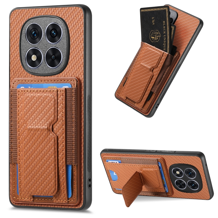 

For Xiaomi Redmi Note 14 Pro 5G Carbon Fiber Fold Stand Elastic Card Bag Phone Case(Brown)