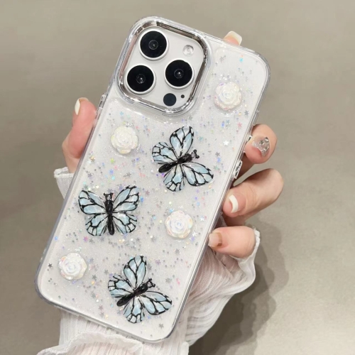 

For iPhone 15 Pro Max Glitter 3D Butterfly TPU Phone Case(Blue)