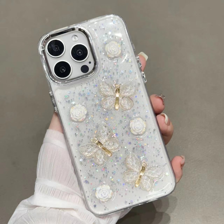 

For iPhone 15 Pro Glitter 3D Butterfly TPU Phone Case(Gold)