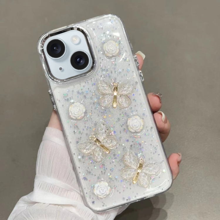 

For iPhone 15 Plus Glitter 3D Butterfly TPU Phone Case(Gold)