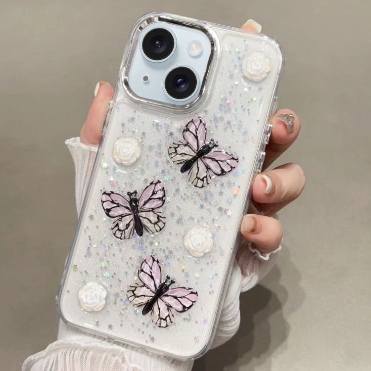 

For iPhone 15 Glitter 3D Butterfly TPU Phone Case(Pink)