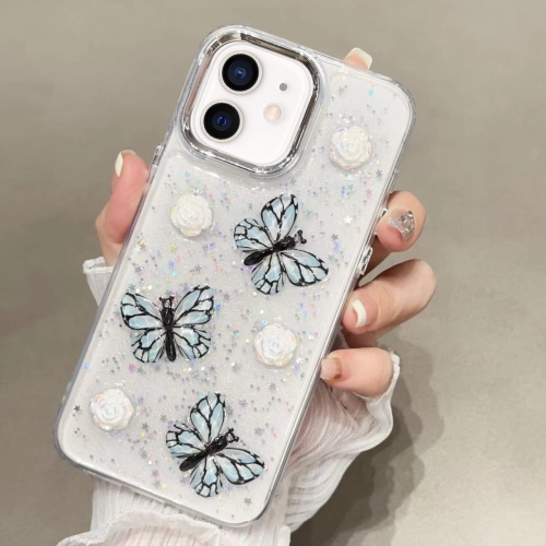 

For iPhone 12 Glitter 3D Butterfly TPU Phone Case(Blue)