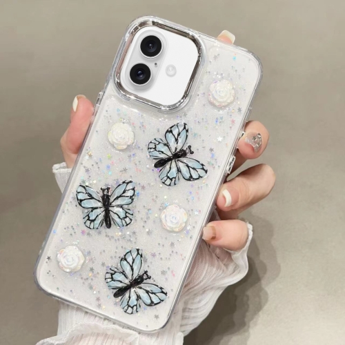 

For iPhone 16 Plus Glitter 3D Butterfly TPU Phone Case(Blue)