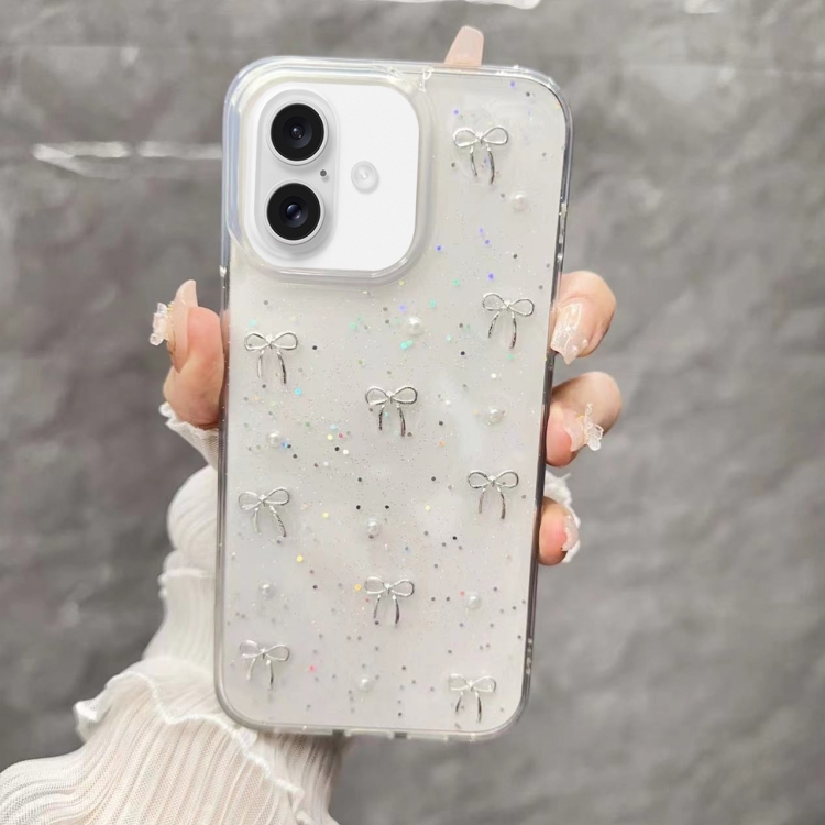

For iPhone 16 Small Fresh Bow TPU Phone Case(Silver Bow)