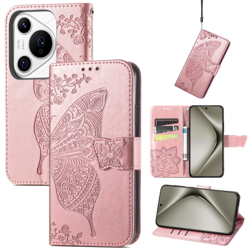 

For Huawei Pura 70 Pro+ Butterfly Love Flower Embossed Leather Phone Case(Rose Gold)