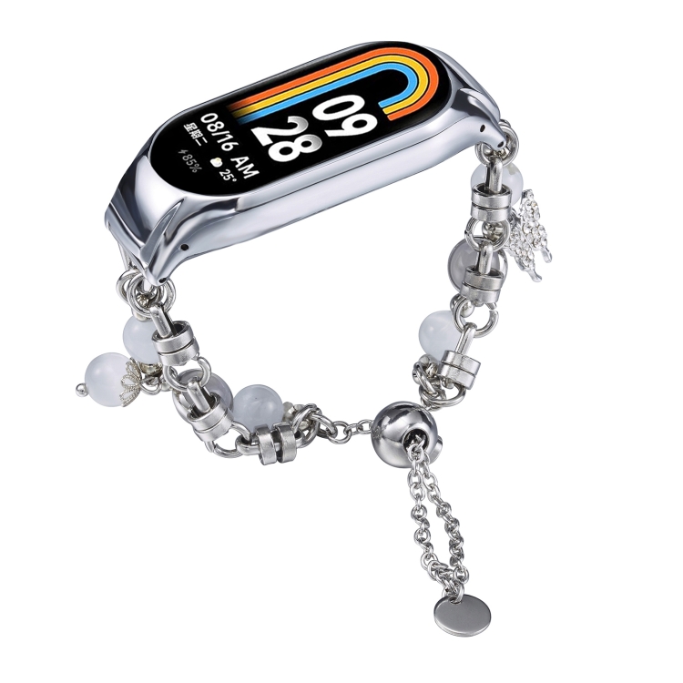 

For Xiaomi Mi Band 8 Crystal Beaded Onyx Watch Band(Silver+Butterfly)