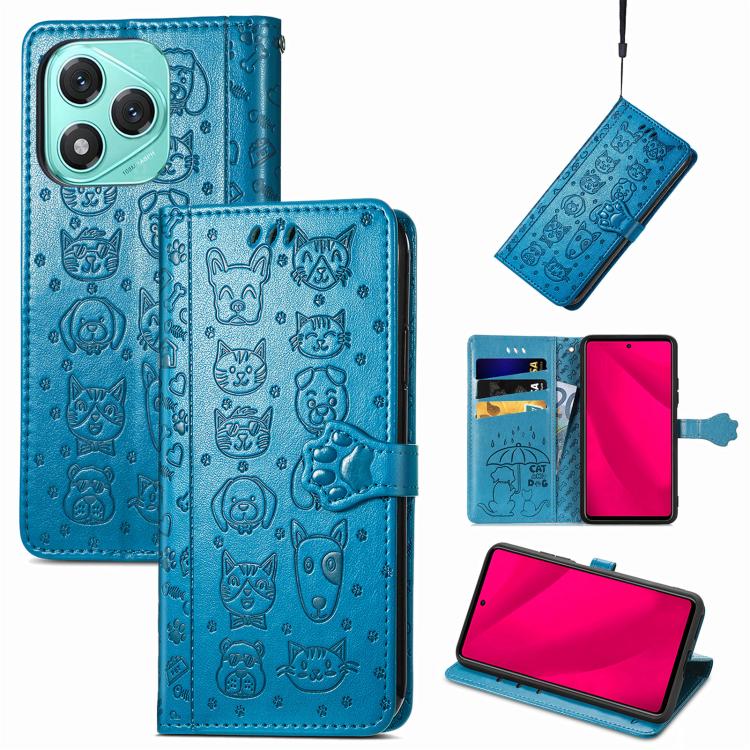 

For Honor 400 Lite Cat and Dog Embossed Leather Phone Case(Blue)