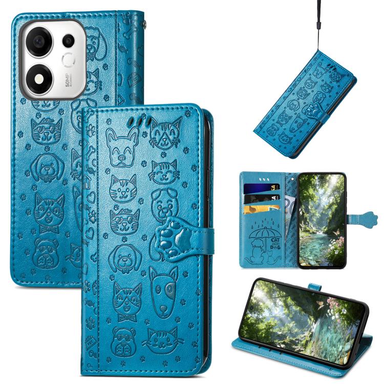 For Honor 600 Smart 5G Cat and Dog Embossed Leather Phone Case(Blue)