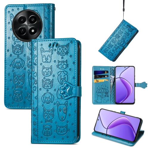 

For Realme 12 Cat and Dog Embossed Leather Phone Case(Blue)