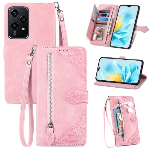 

For Honor 200 Lite Embossed Flower Zipper Leather Phone Case(Pink)