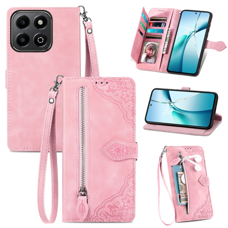 

For Honor 200 Smart Embossed Flower Zipper Leather Phone Case(Pink)