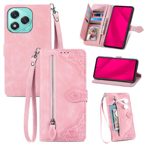 

For Honor 400 Lite Embossed Flower Zipper Leather Phone Case(Pink)