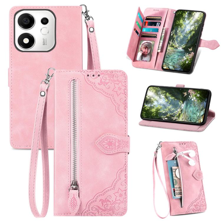 For Honor 600 Smart 5G Embossed Flower Zipper Leather Phone Case(Pink)