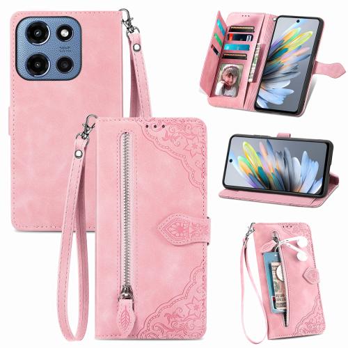 

For Motorola Moto G 2025 Embossed Flower Zipper Leather Phone Case(Pink)