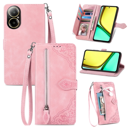 

For Realme C67 4G Embossed Flower Zipper Leather Phone Case(Pink)