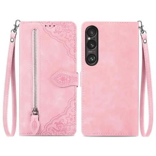 

For Sony Xperia 10 VI Embossed Flower Zipper Leather Phone Case(Pink)