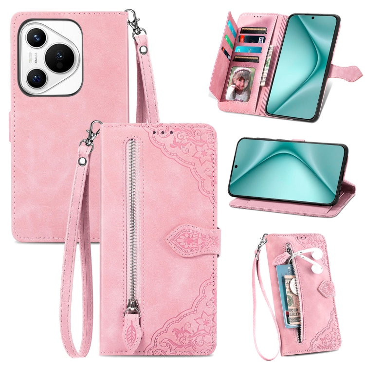 

For Huawei Pura 70 Pro+ Embossed Flower Zipper Leather Phone Case(Pink)
