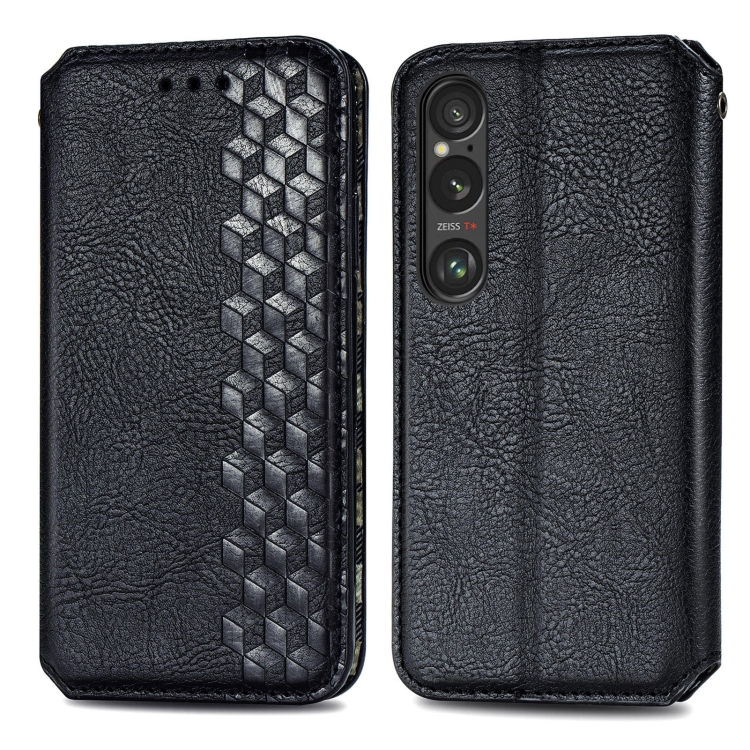 

For Sony Xperia 10 VI Cubic Grid Pressed Magnetic Leather Phone Case(Black)