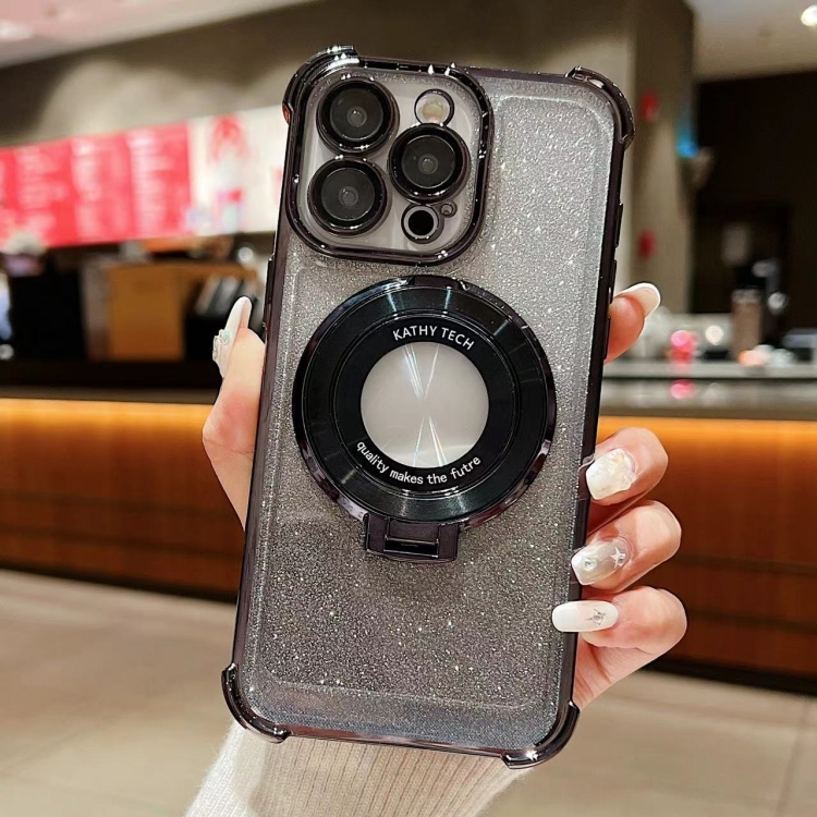 

For iPhone 15 Pro Max Invisible Holder Gradient Glitter Magsafe Phone Case(Starry Black)
