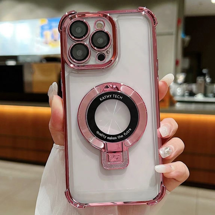 

For iPhone 15 Pro Ultra-thin Electroplated Holder Magsafe Phone Case(Pink)