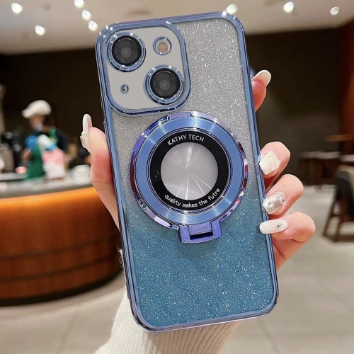 

For iPhone 15 Plus Electroplated Holder Gradient Glitter MagSafe Phone Case(Blue)