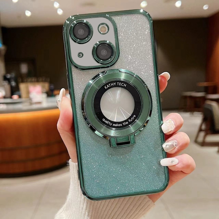 

For iPhone 15 Plus Electroplated Holder Gradient Glitter MagSafe Phone Case(Green)
