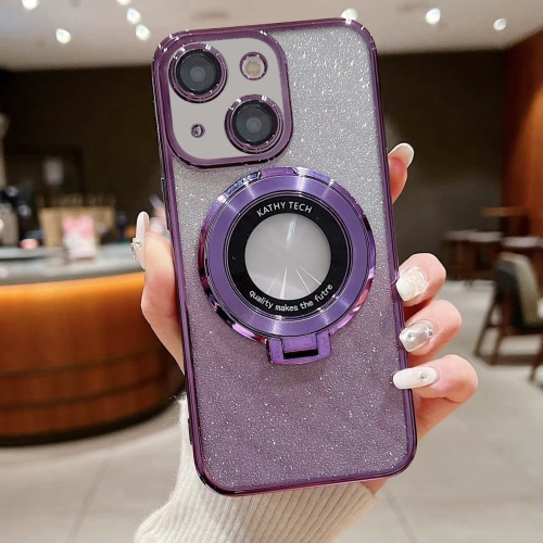 

For iPhone 15 Electroplated Holder Gradient Glitter MagSafe Phone Case(Purple)