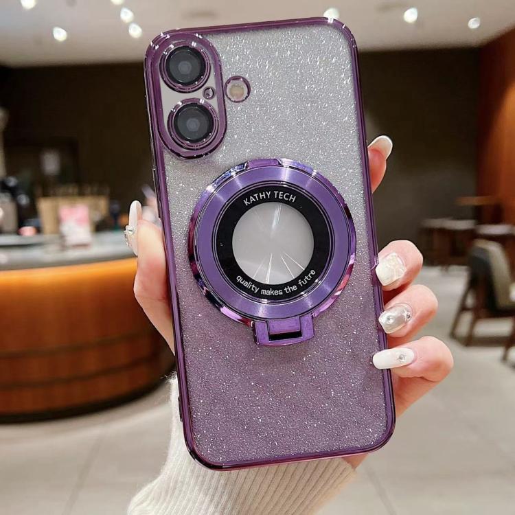 

For iPhone 16 Electroplated Holder Gradient Glitter MagSafe Phone Case(Purple)