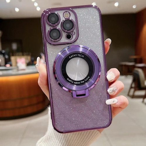 

For iPhone 16 Plus Electroplated Holder Gradient Glitter MagSafe Phone Case(Purple)