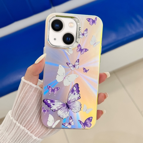 

For iPhone 14 Electroplating Laser Butterfly Phone Case(White Purple Butterflies AB6)