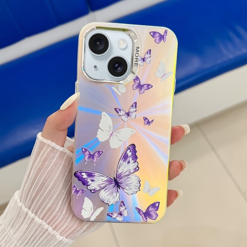 

For iPhone 15 Electroplating Laser Butterfly Phone Case(White Purple Butterflies AB6)