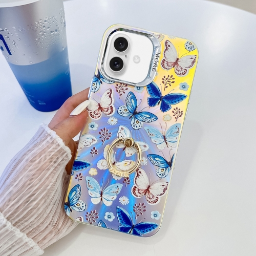 

For iPhone 16 Plus Electroplating Laser Butterfly Ring Holder Phone Case(Blue Butterflies AB4)