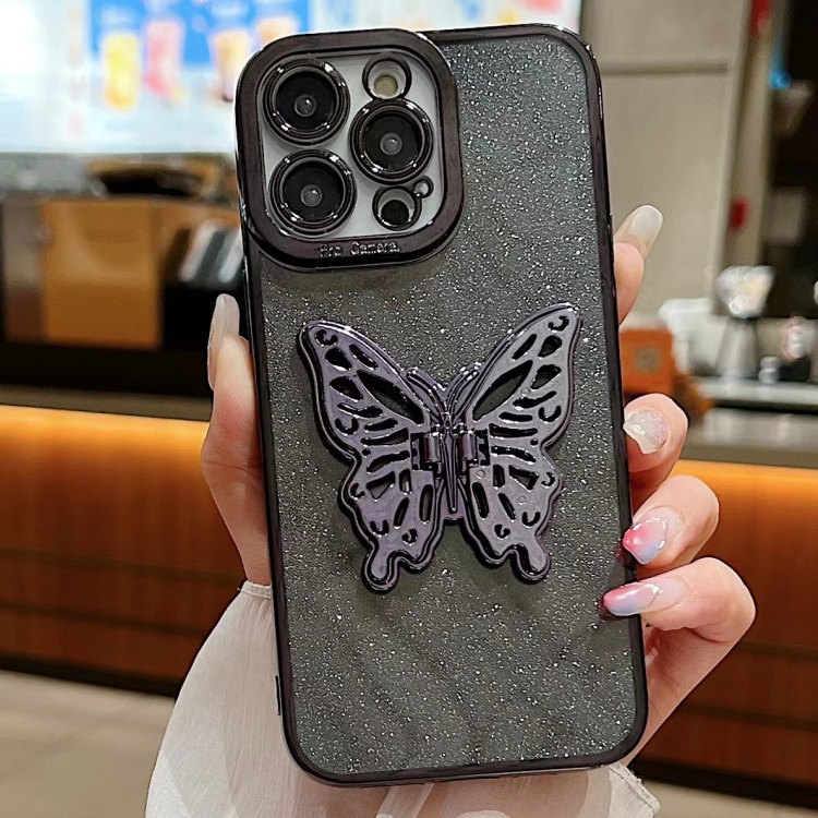 

For iPhone 15 Pro Electroplated Glitter 3D Butterfly TPU Phone Case(Black)