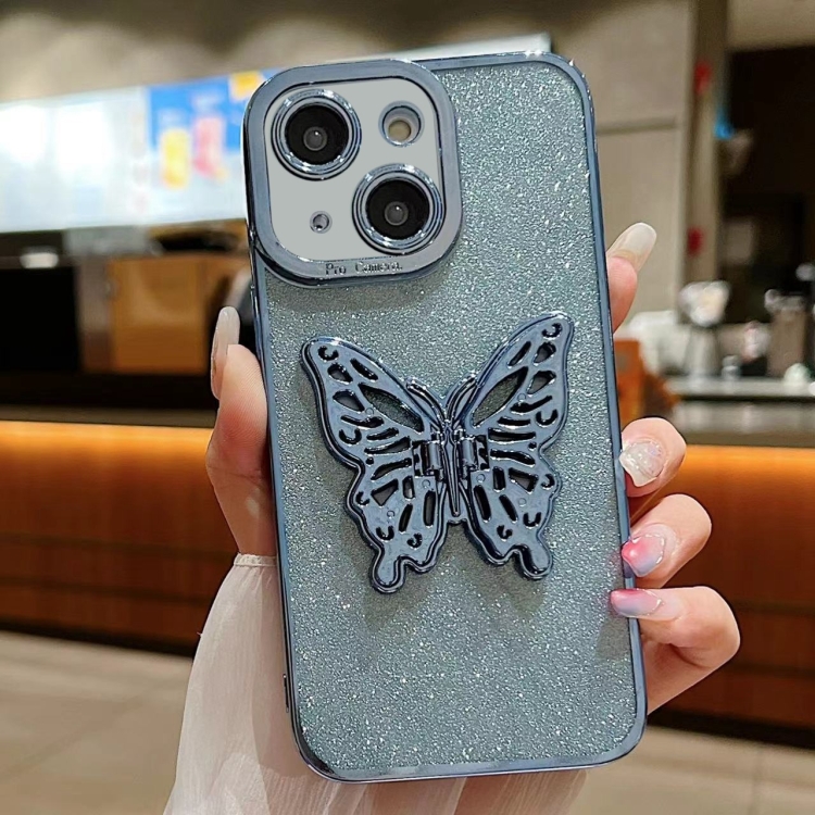 

For iPhone 15 Plus Electroplated Glitter 3D Butterfly TPU Phone Case(Yuanfeng Blue)