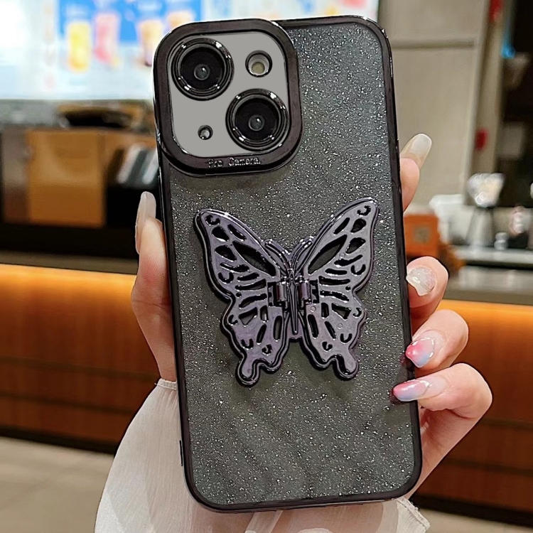 

For iPhone 15 Electroplated Glitter 3D Butterfly TPU Phone Case(Black)