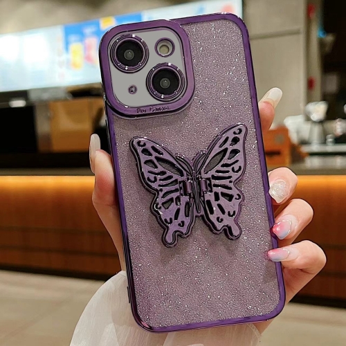 

For iPhone 15 Electroplated Glitter 3D Butterfly TPU Phone Case(Dark Night Purple)