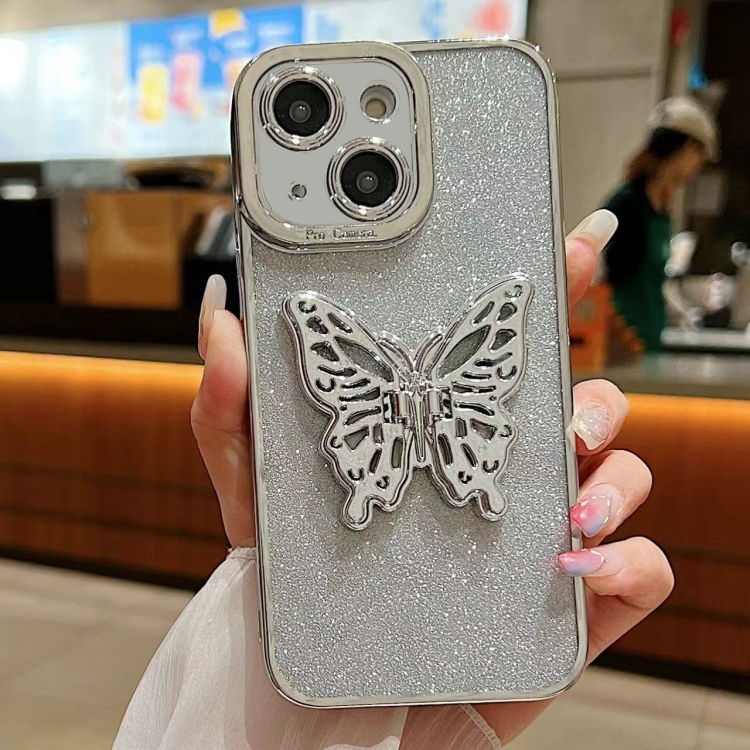 

For iPhone 14 Pro Max Electroplated Glitter 3D Butterfly TPU Phone Case(Silver)