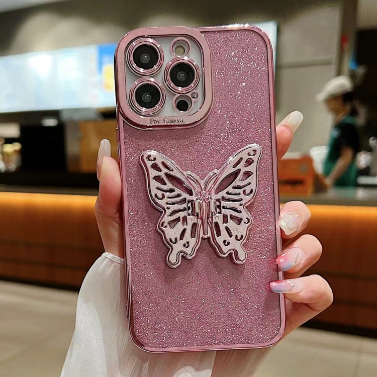 

For iPhone 13 Pro Max Electroplated Glitter 3D Butterfly TPU Phone Case(Pink)