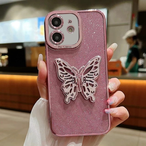 

For iPhone 12 Electroplated Glitter 3D Butterfly TPU Phone Case(Pink)