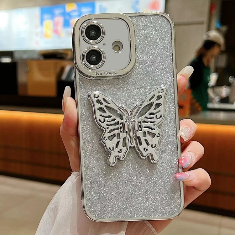 

For iPhone 16 Plus Electroplated Glitter 3D Butterfly TPU Phone Case(Silver)
