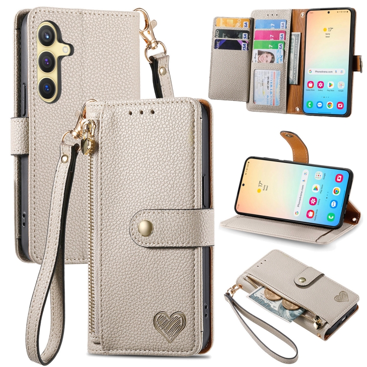 

For Samsung Galaxy A36 5G Love Zipper Lanyard Leather Phone Case(Gray)