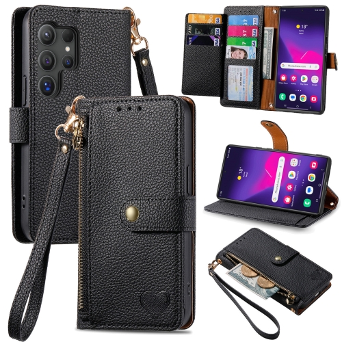 

For Samsung Galaxy S25 Ultra 5G Love Zipper Lanyard Leather Phone Case(Black)