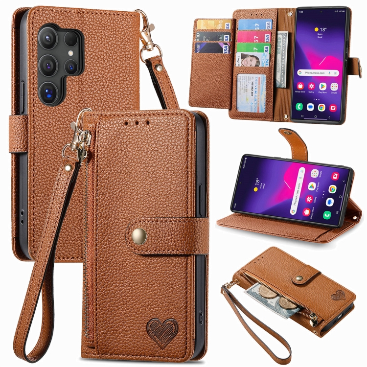 

For Samsung Galaxy S25 Ultra 5G Love Zipper Lanyard Leather Phone Case(Brown)