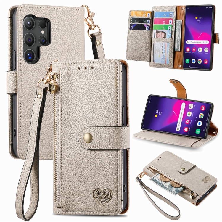 

For Samsung Galaxy S25 Ultra 5G Love Zipper Lanyard Leather Phone Case(Gray)