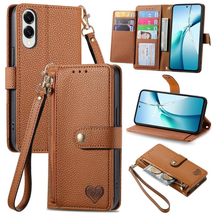 

For Samsung Galaxy S25 Edge 5G Love Zipper Lanyard Leather Phone Case(Brown)