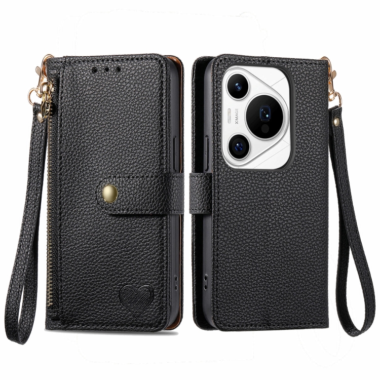 

For Huawei Pura 70 Pro+ Love Zipper Lanyard Leather Phone Case(Black)